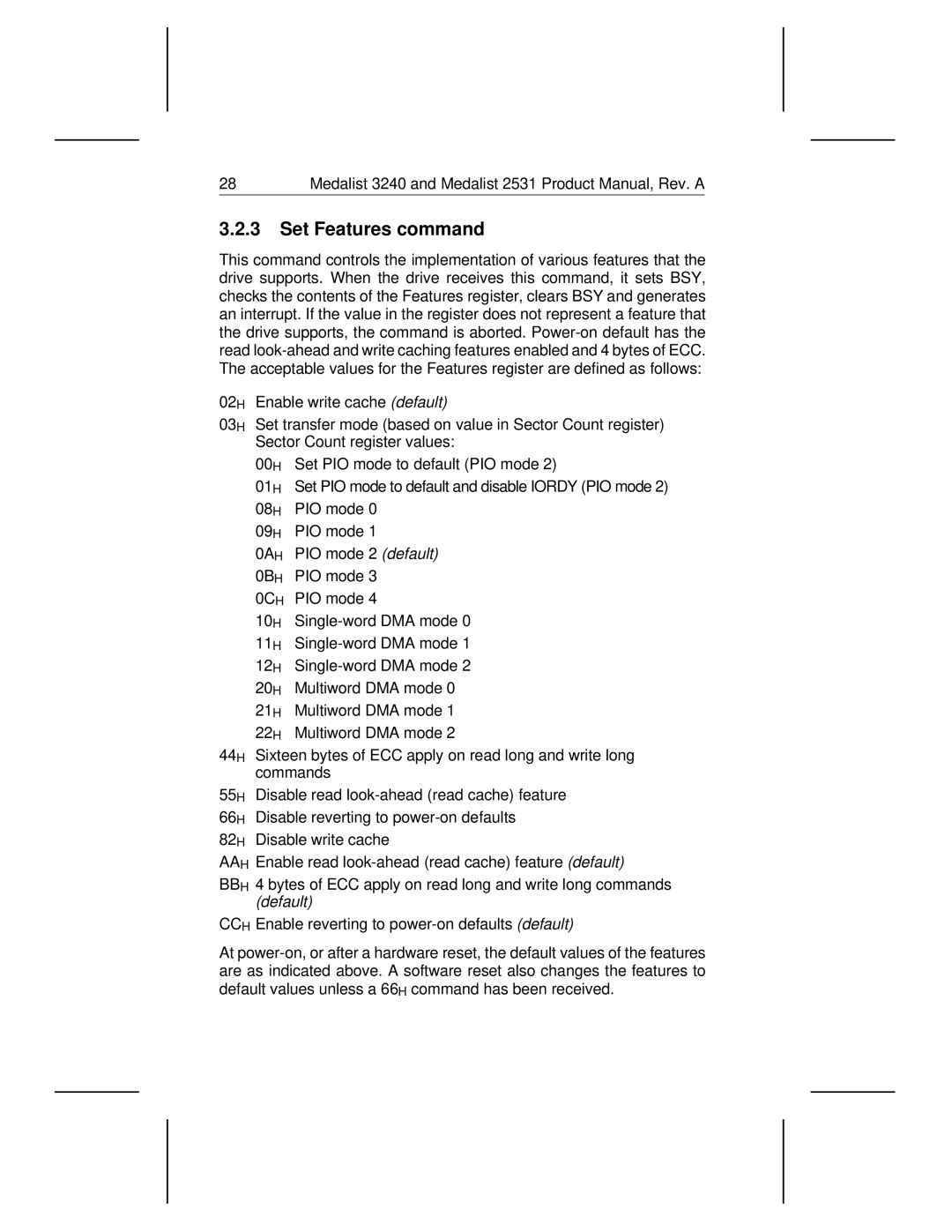 Seagate 2531, 3240 manual Set Features command 