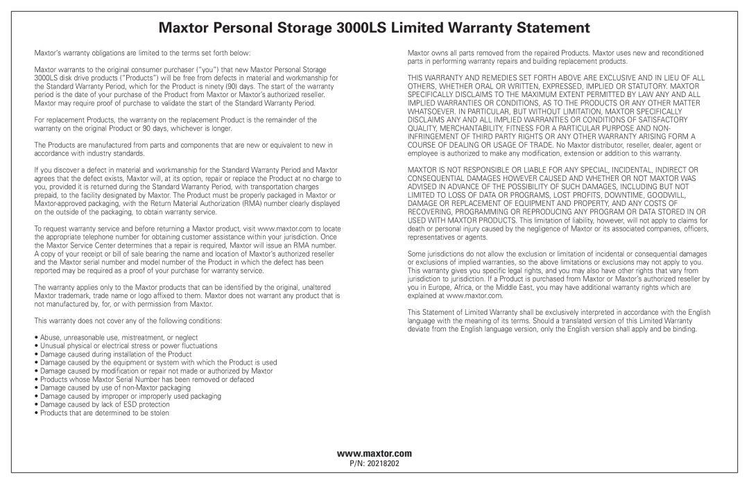 Seagate manual Maxtor Personal Storage 3000LS Limited Warranty Statement 