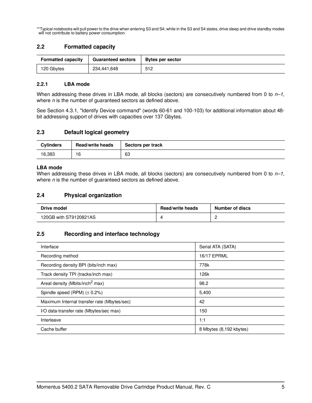 Seagate 5400.2 SATA manual Formatted capacity, Default logical geometry, Physical organization, LBA mode 