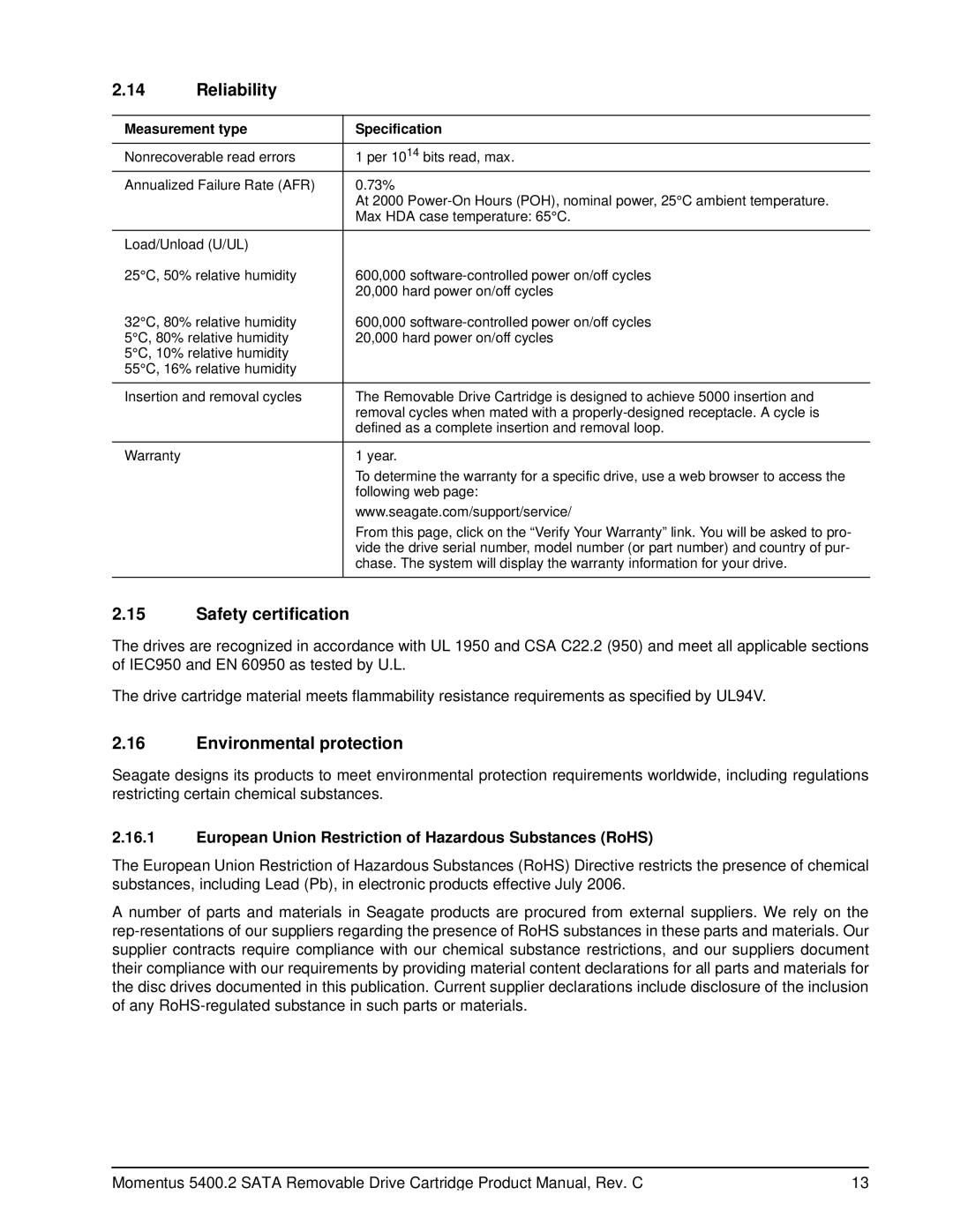 Seagate 5400.2 SATA manual Reliability, Safety certification, Environmental protection, Measurement type Specification 