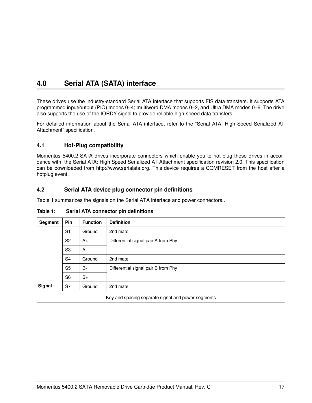 Seagate 5400.2 SATA manual Serial ATA Sata interface, Serial ATA connector pin definitions, Segment Pin Function Definition 