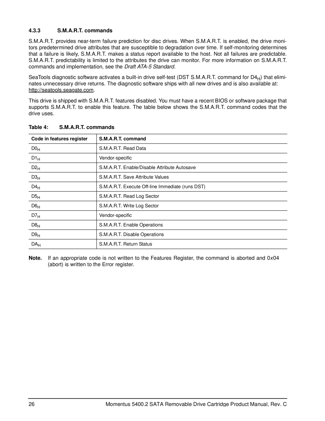 Seagate 5400.2 SATA manual 3 S.M.A.R.T. commands, Code in features register A.R.T. command 