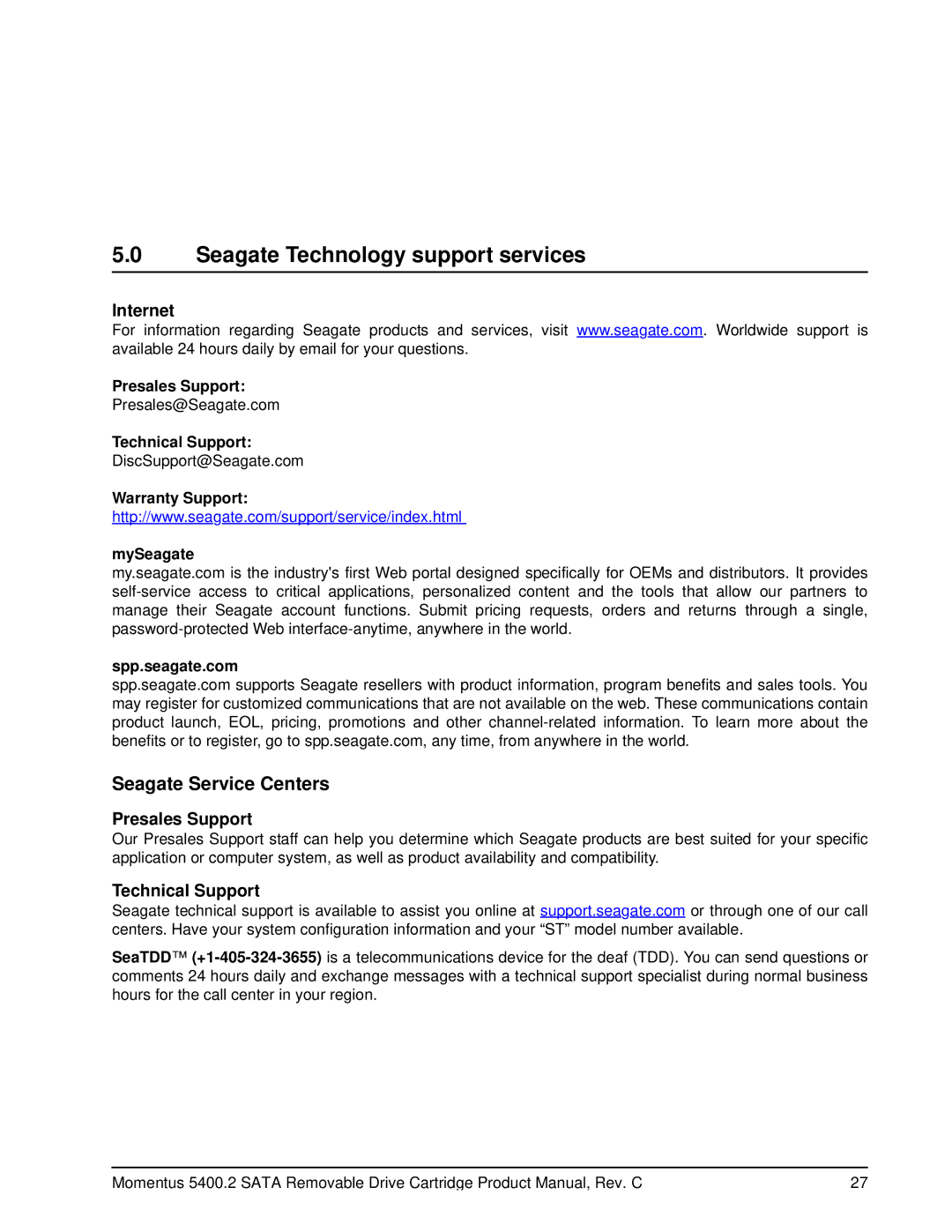 Seagate 5400.2 SATA manual Seagate Technology support services, Internet, Presales Support, Technical Support 