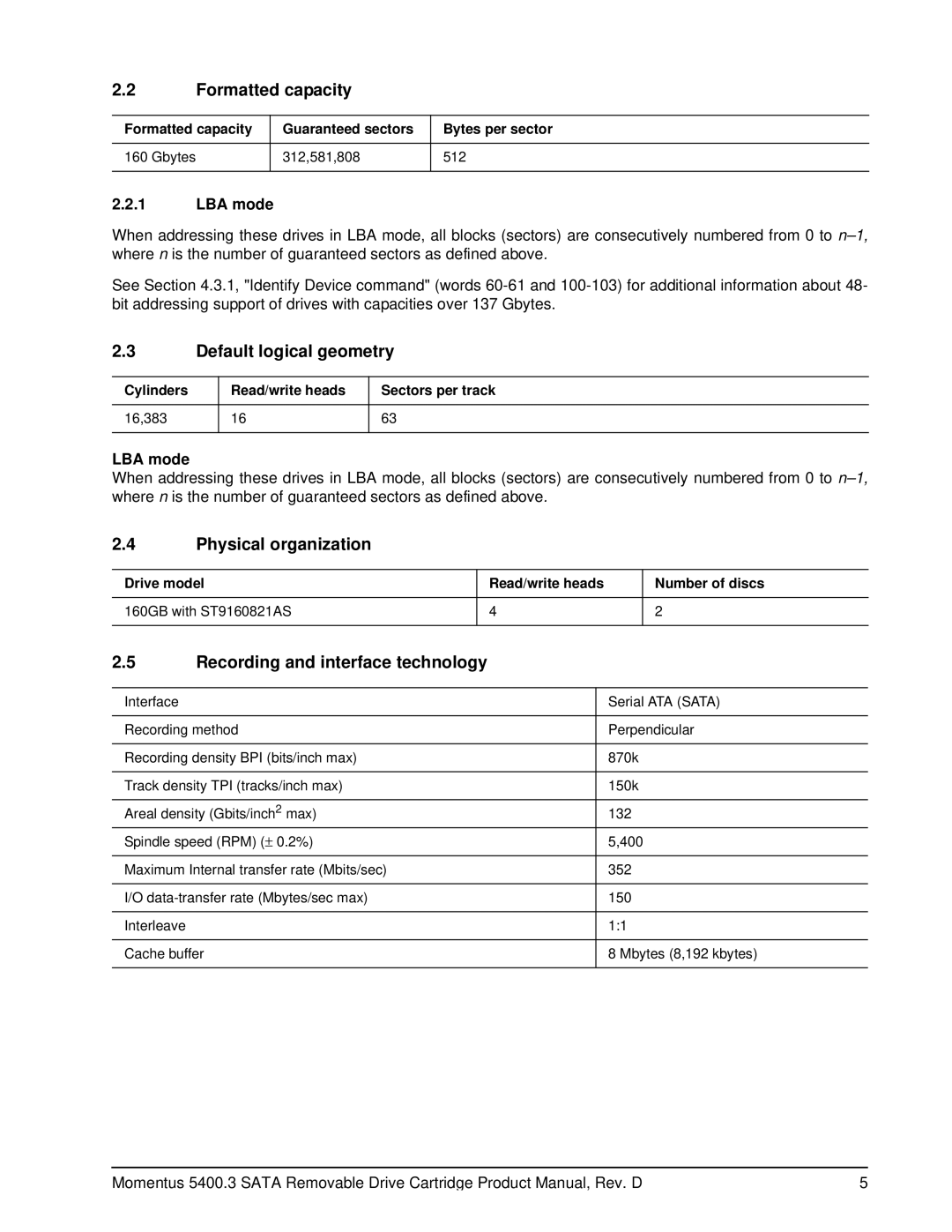 Seagate 5400.3 SATA manual Formatted capacity, Default logical geometry, Physical organization, LBA mode 