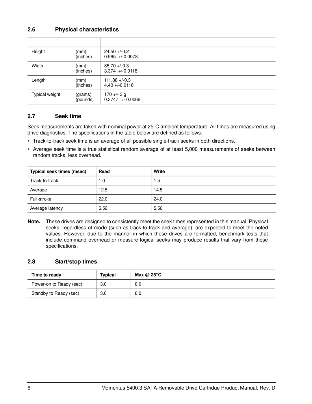 Seagate 5400.3 SATA manual Physical characteristics, Seek time, Start/stop times, Typical seek times msec Read Write 