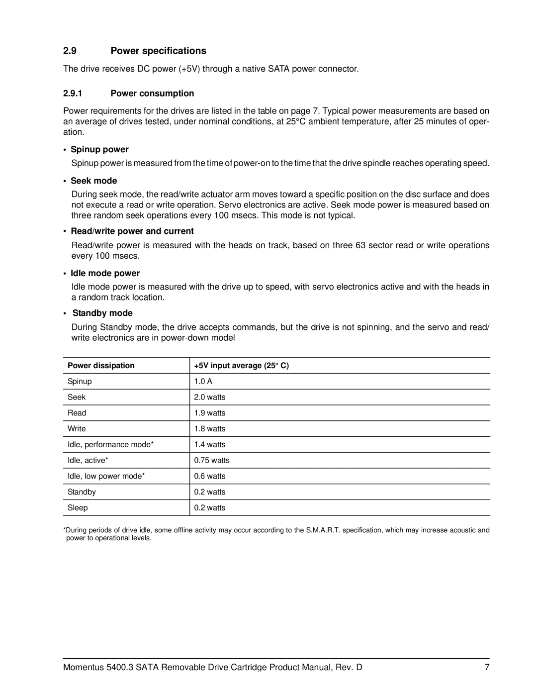 Seagate 5400.3 SATA manual Power specifications 