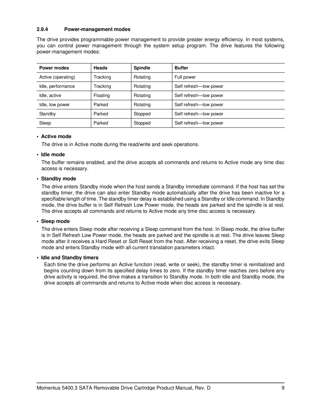 Seagate 5400.3 SATA manual Power-management modes, Active mode, Idle mode, Sleep mode, Idle and Standby timers 