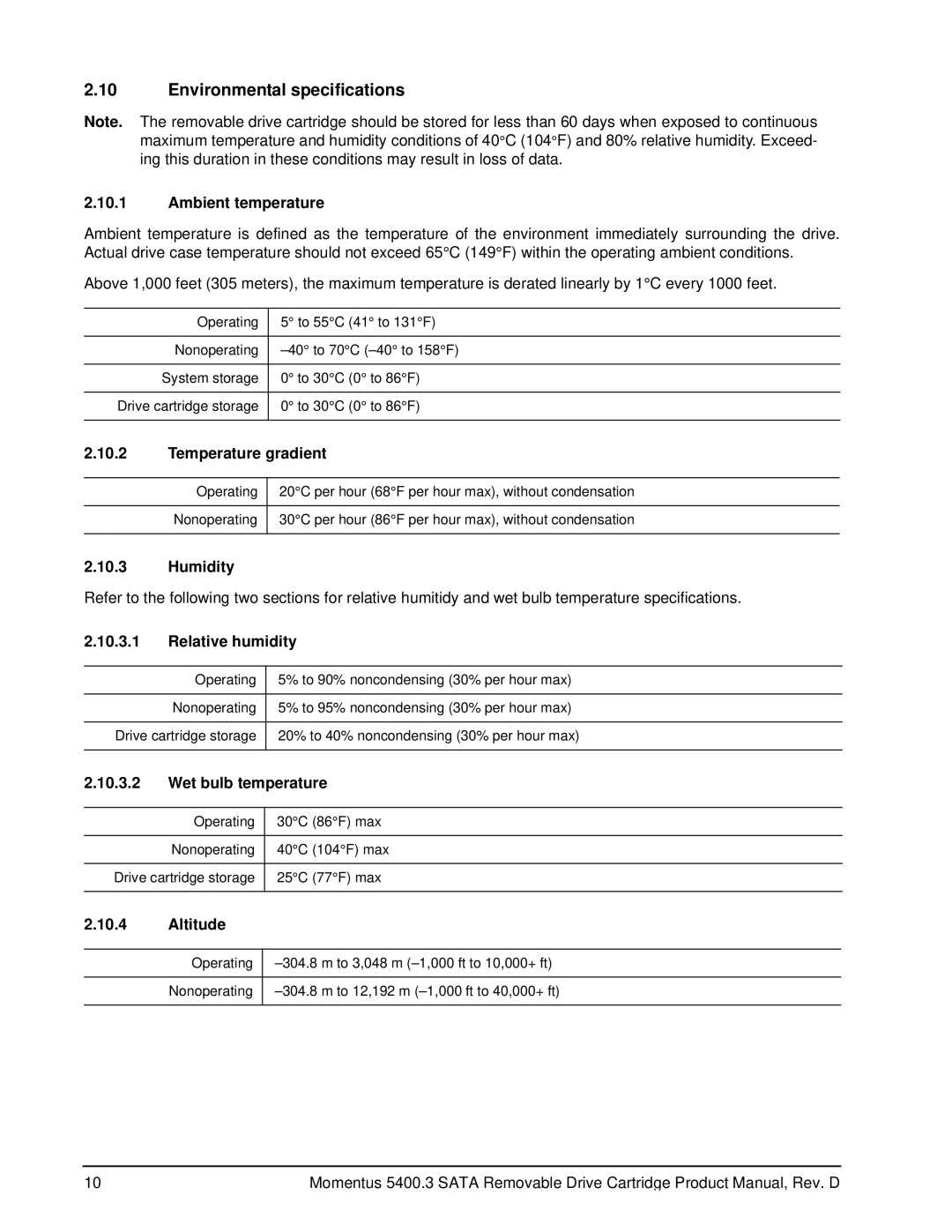 Seagate 5400.3 SATA manual Environmental specifications 