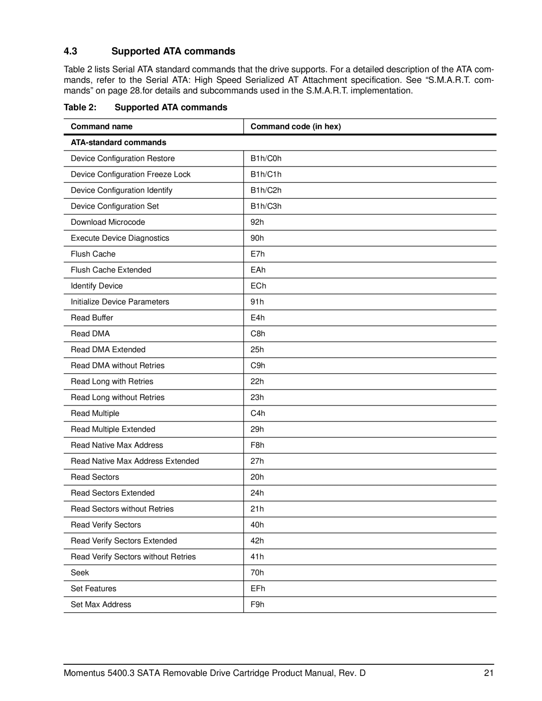 Seagate 5400.3 SATA manual Supported ATA commands, Command name Command code in hex ATA-standard commands 