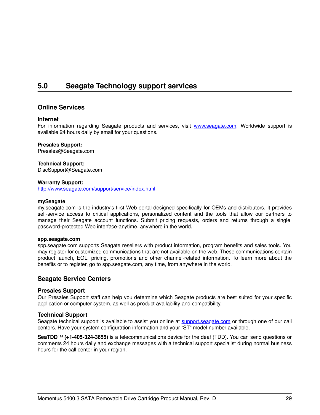 Seagate 5400.3 SATA manual Seagate Technology support services, Internet, Presales Support, Technical Support 