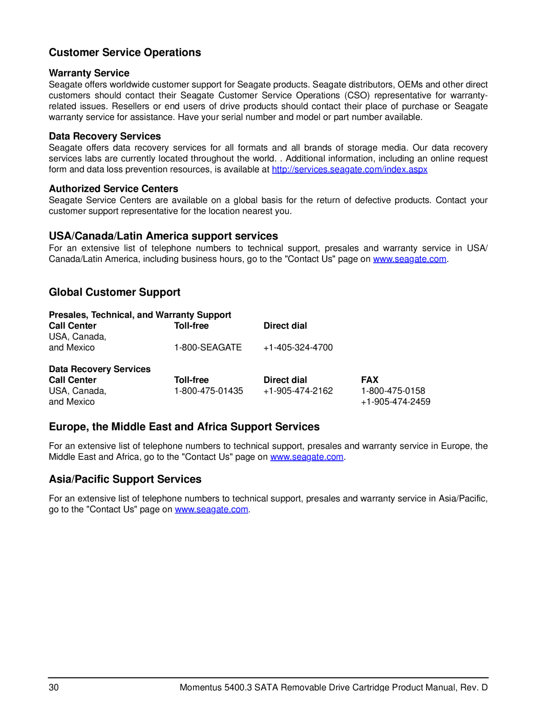 Seagate 5400.3 SATA manual Warranty Service, Data Recovery Services Authorized Service Centers 