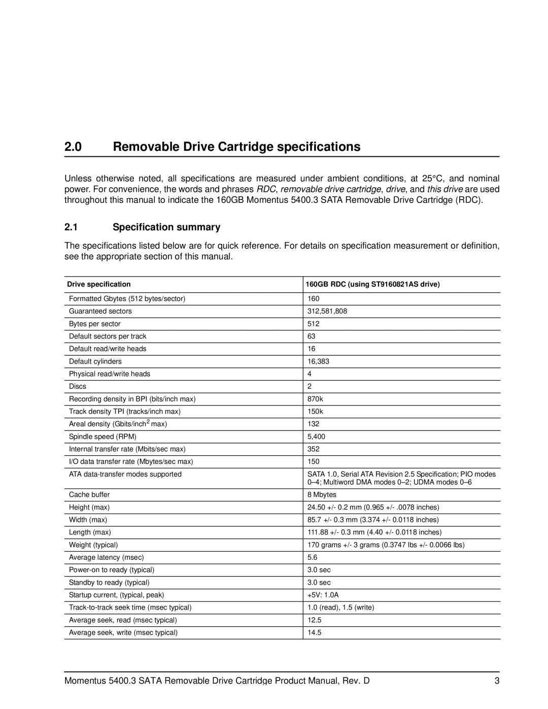 Seagate 5400.3 SATA manual Removable Drive Cartridge specifications, Specification summary 