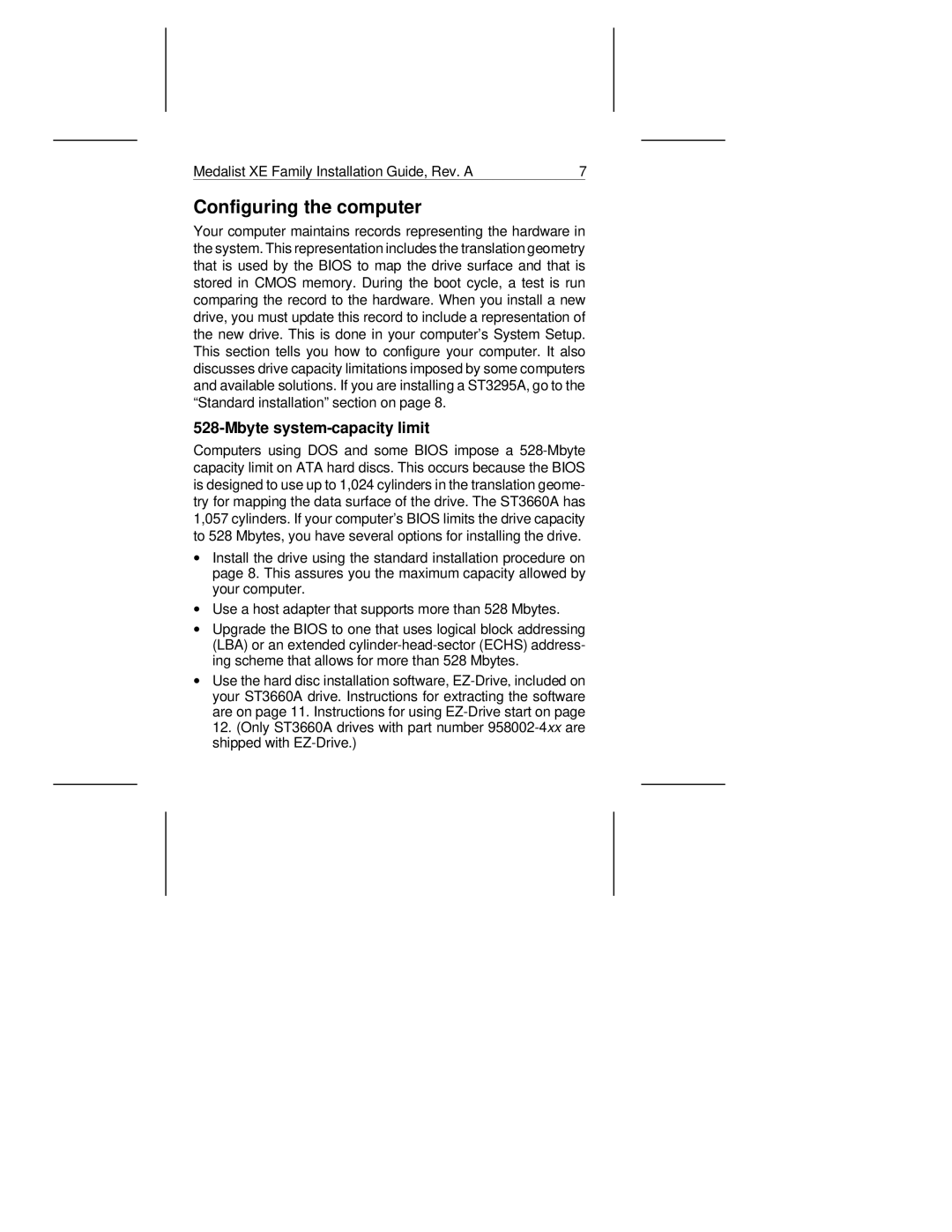 Seagate 275XE, 545XE manual Configuring the computer, Mbyte system-capacity limit 