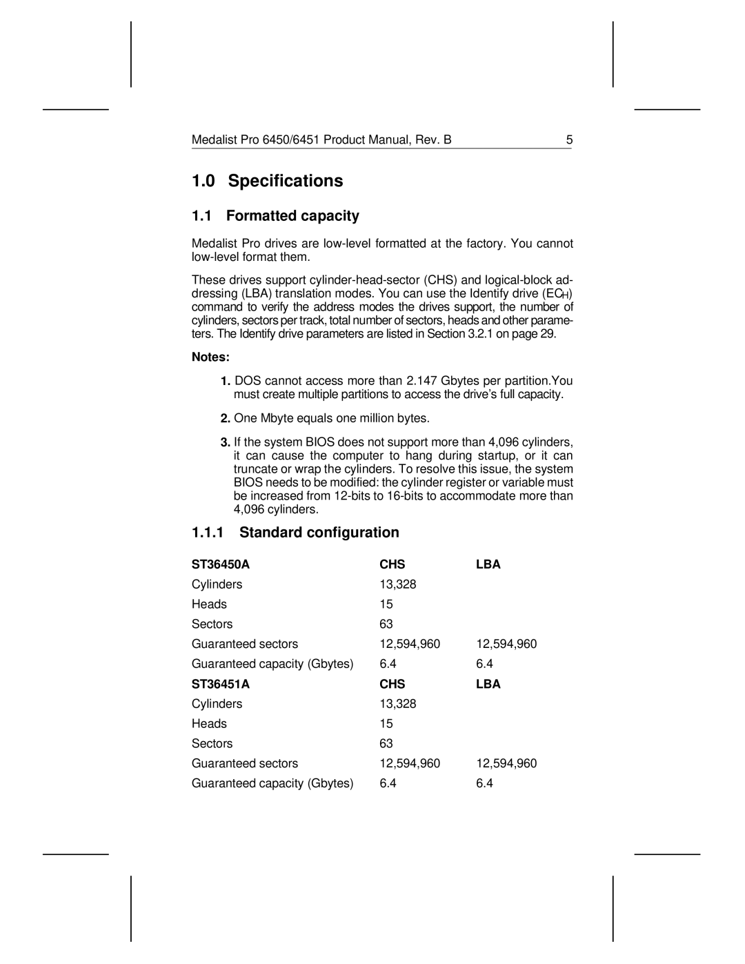 Seagate 6450, 6451 manual Specifications, Formatted capacity, Standard configuration 