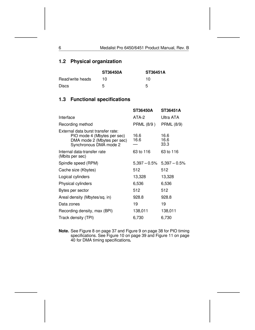 Seagate manual Physical organization, Functional specifications, ST36450A ST36451A 