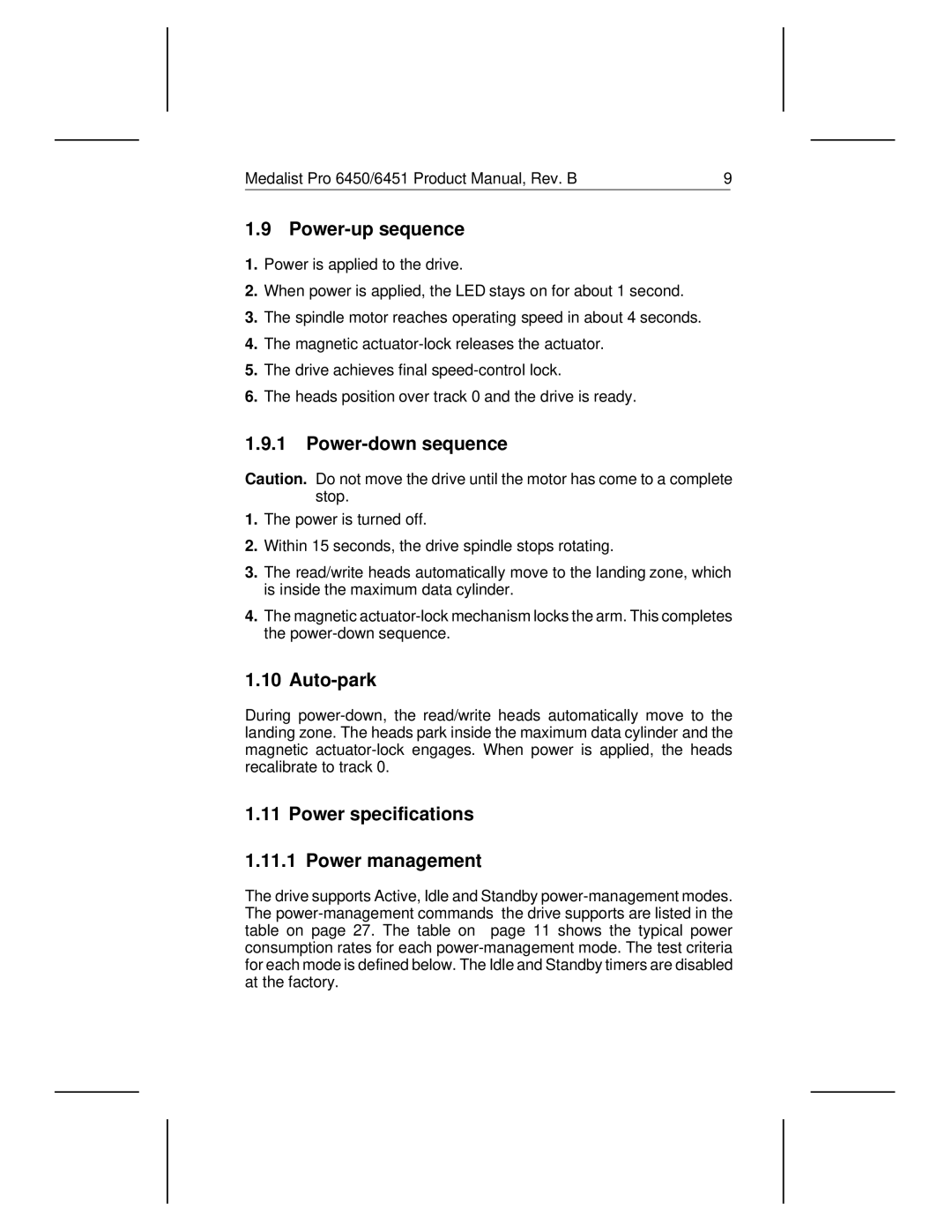 Seagate 6450, 6451 manual Power-up sequence, Power-down sequence, Auto-park, Power specifications Power management 