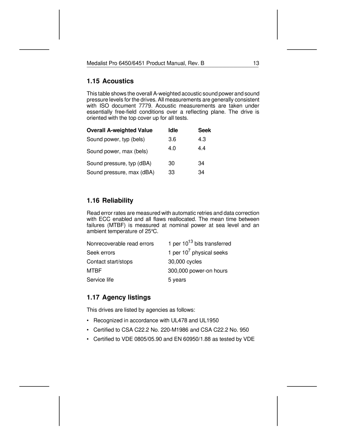 Seagate 6450, 6451 manual Acoustics, Reliability, Agency listings, Overall A-weighted Value Idle 