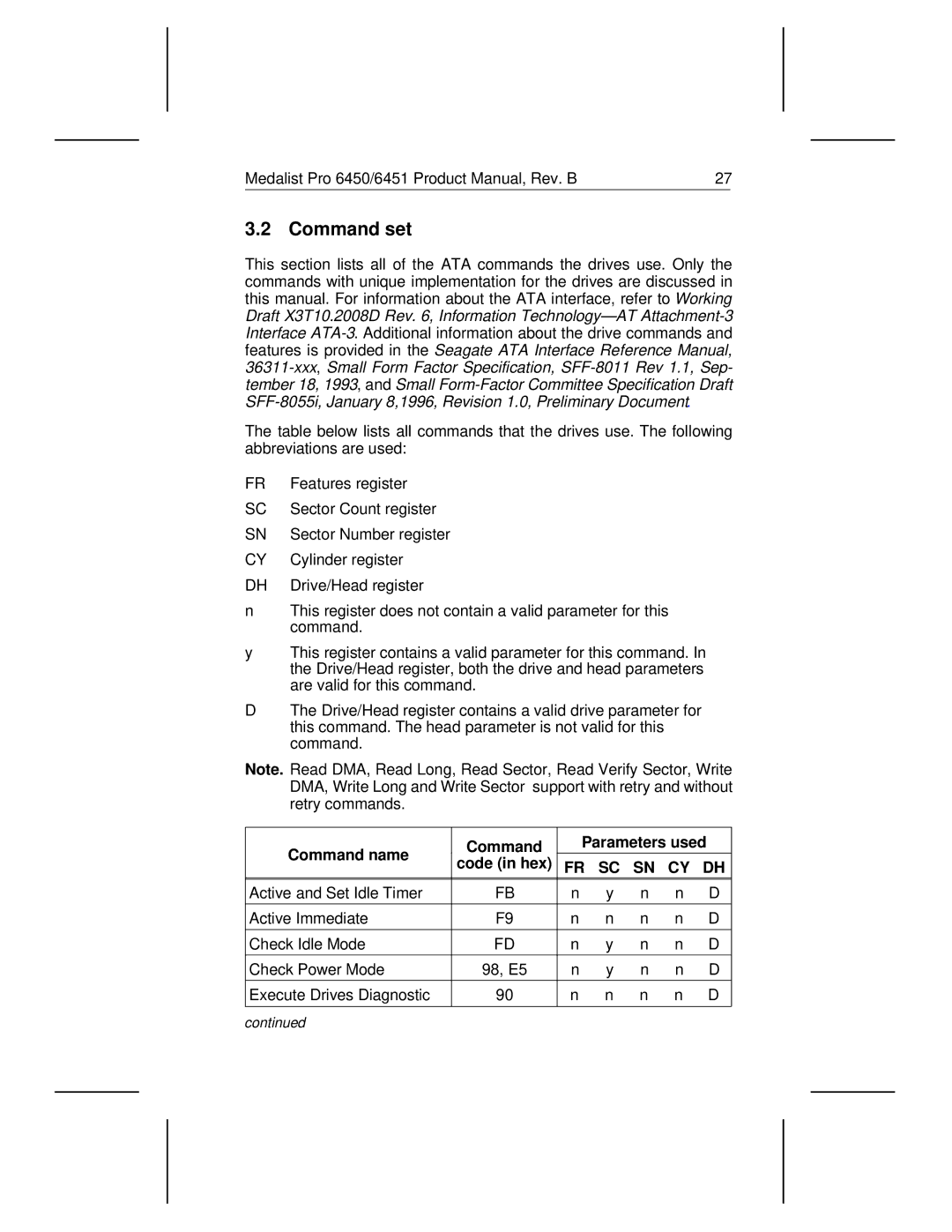 Seagate 6450, 6451 manual Command set, Command name Parameters used 