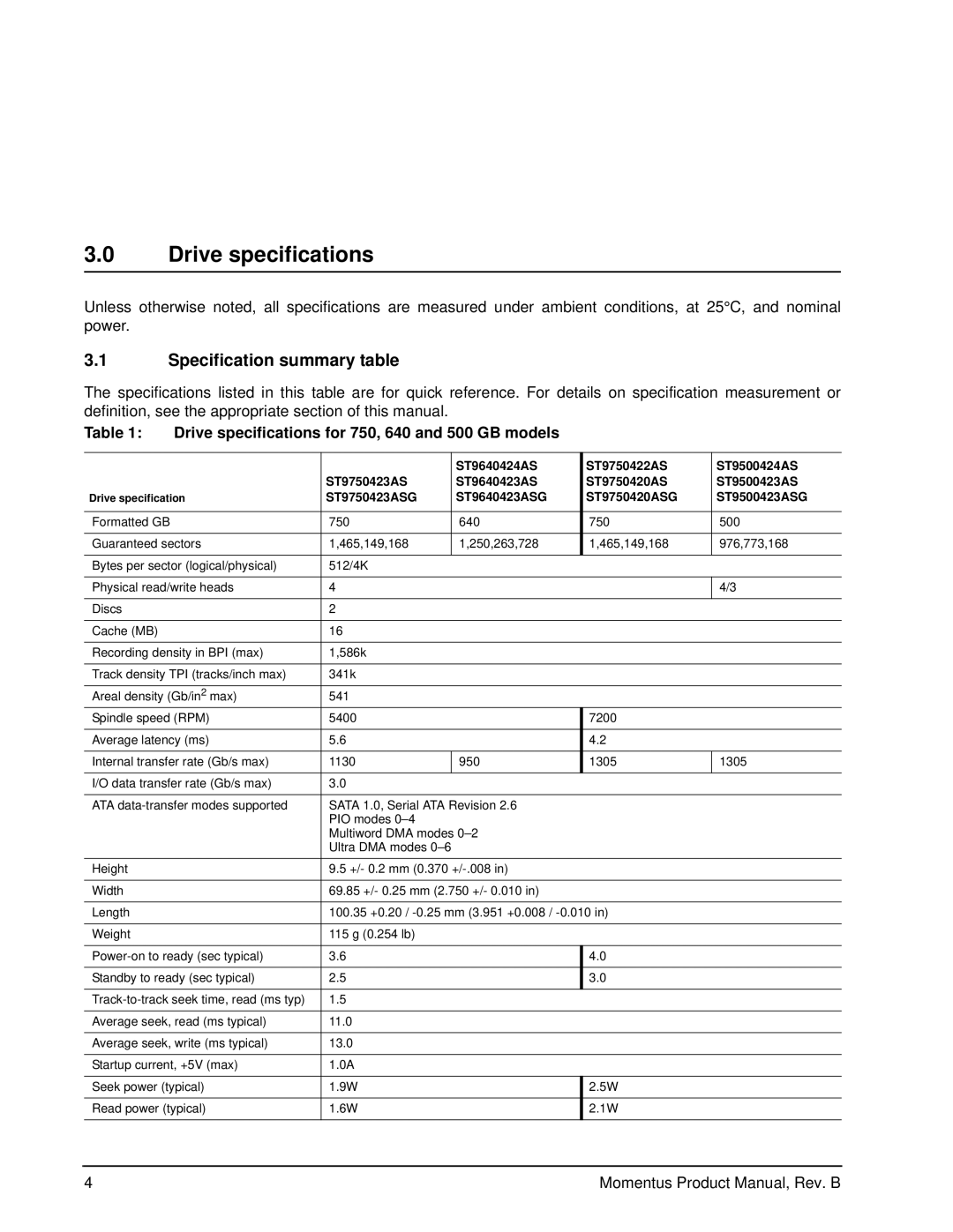 Seagate 7200-RPM, 5400-RPM manual Specification summary table, Drive specifications for 750, 640 and 500 GB models 