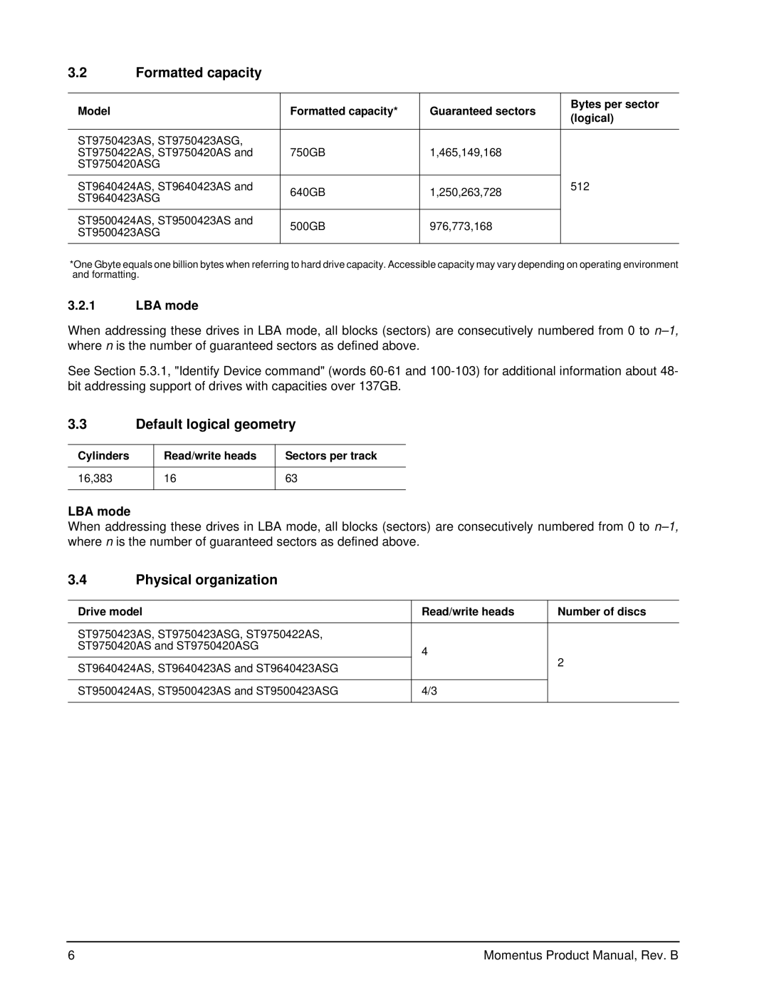 Seagate 7200-RPM, 5400-RPM manual Formatted capacity, Default logical geometry, Physical organization, LBA mode 