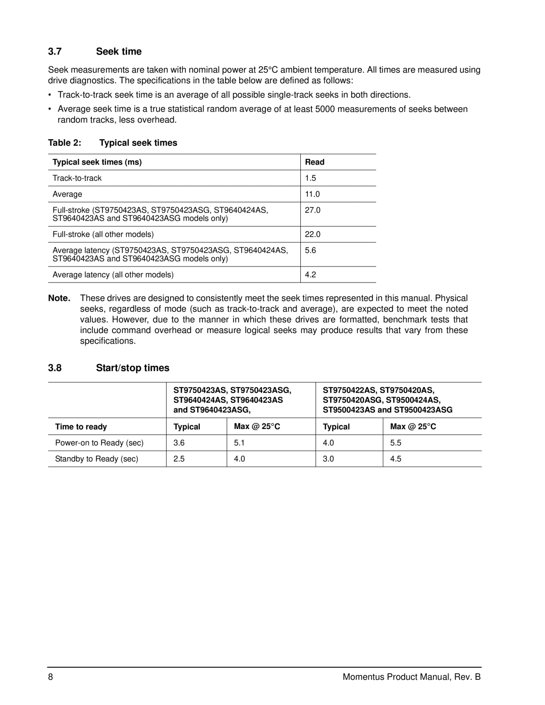 Seagate 7200-RPM, 5400-RPM manual Seek time, Start/stop times, Typical seek times ms Read 