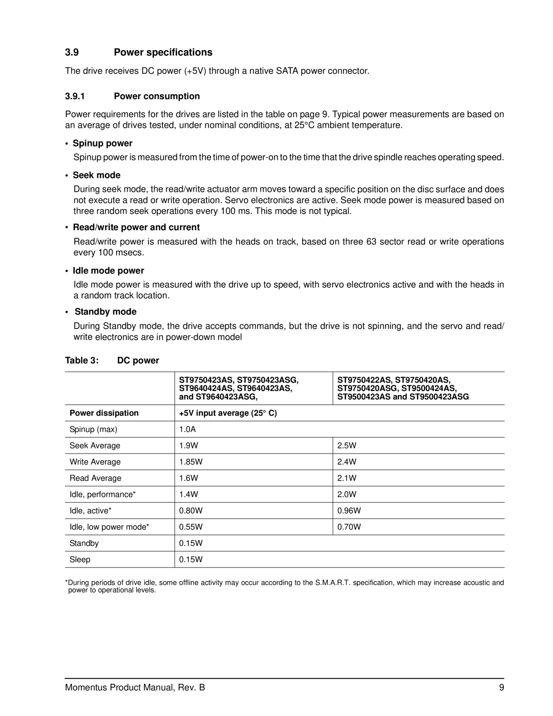 Seagate 5400-RPM, 7200-RPM manual Power specifications 