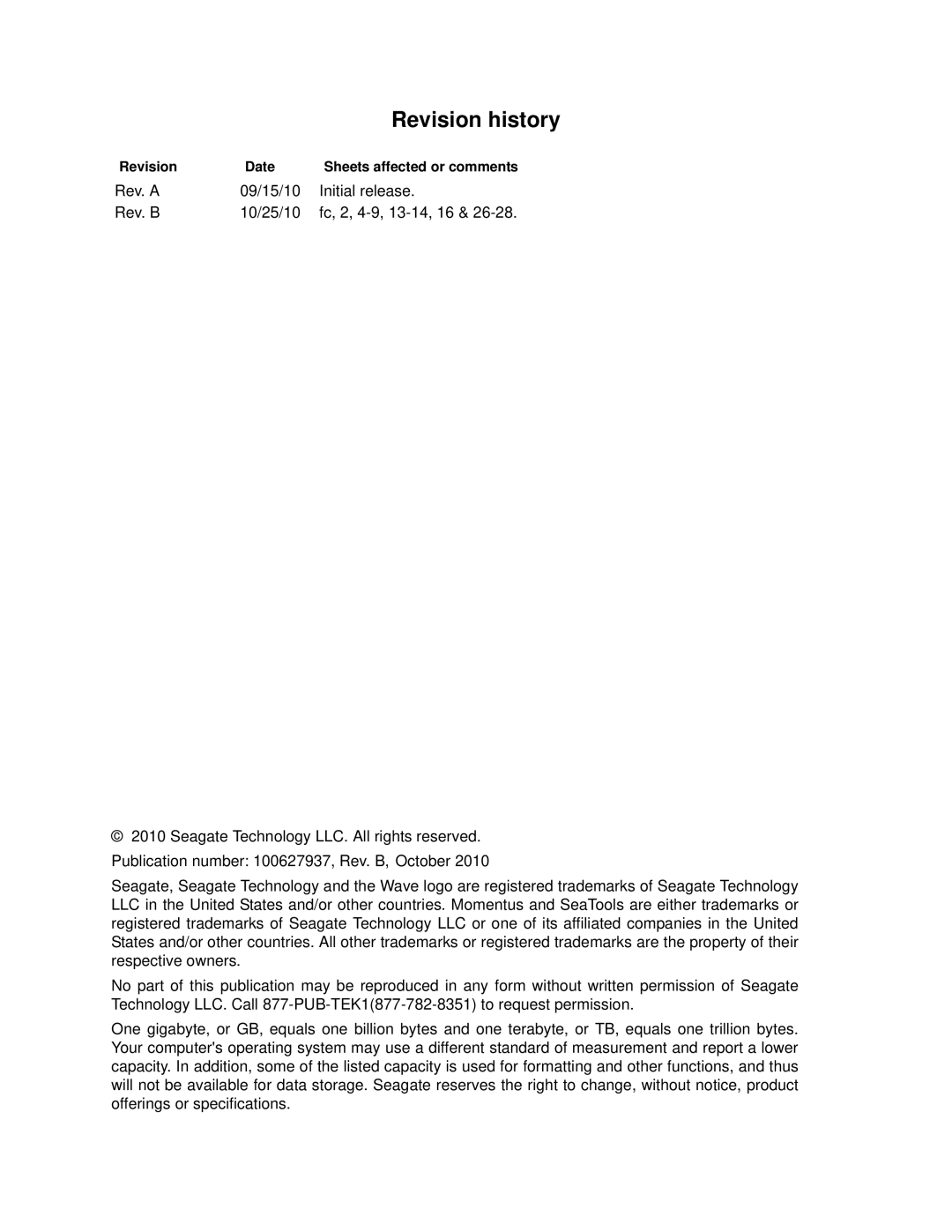 Seagate 7200-RPM, 5400-RPM manual Revision history, Revision Date Sheets affected or comments 