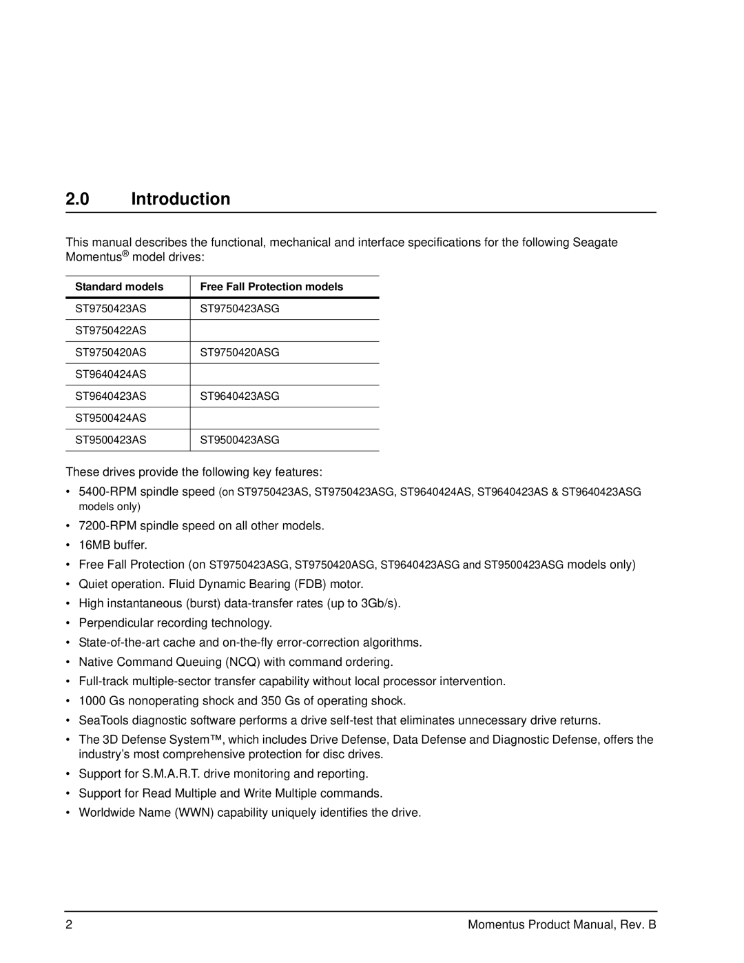 Seagate 7200-RPM, 5400-RPM manual Introduction, Standard models Free Fall Protection models 