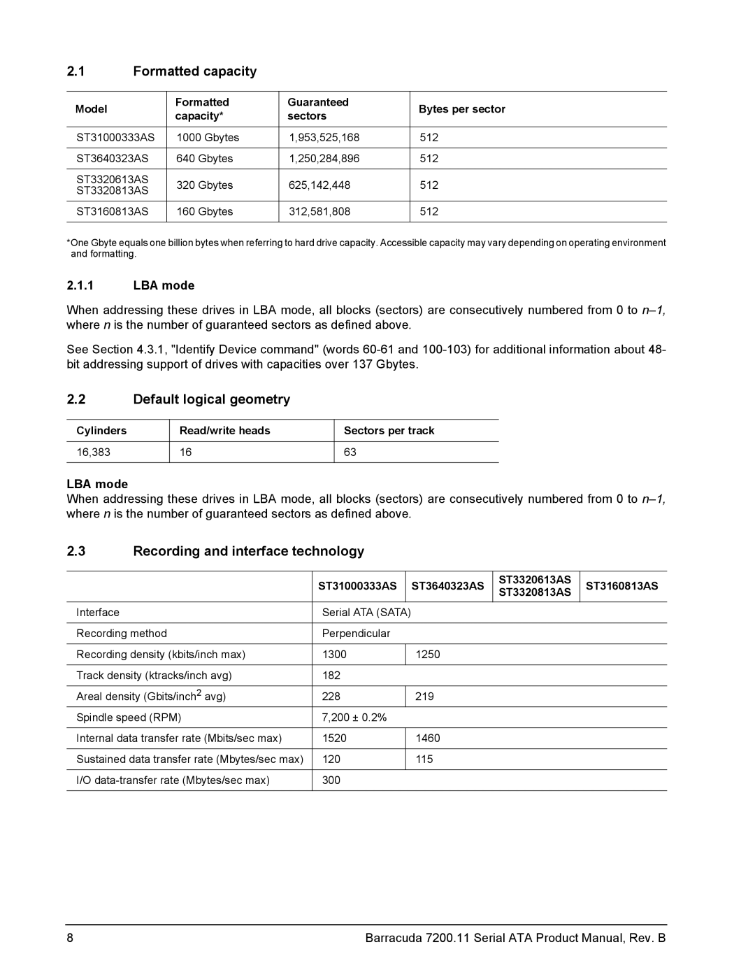 Seagate 7200.11 manual Formatted capacity, Default logical geometry, Recording and interface technology, LBA mode 