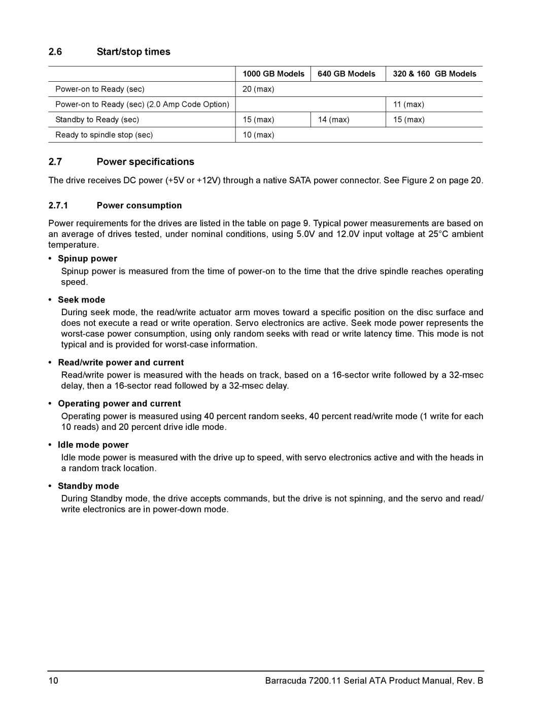 Seagate 7200.11 manual Start/stop times, Power specifications 