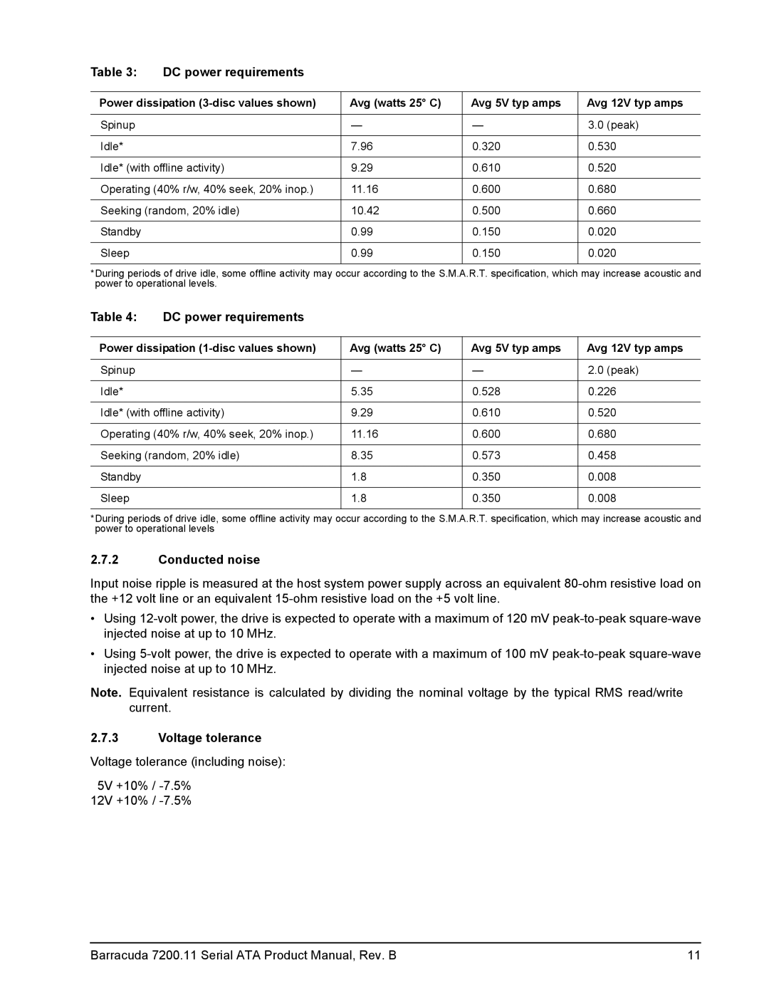 Seagate 7200.11 manual DC power requirements, Conducted noise, Voltage tolerance 