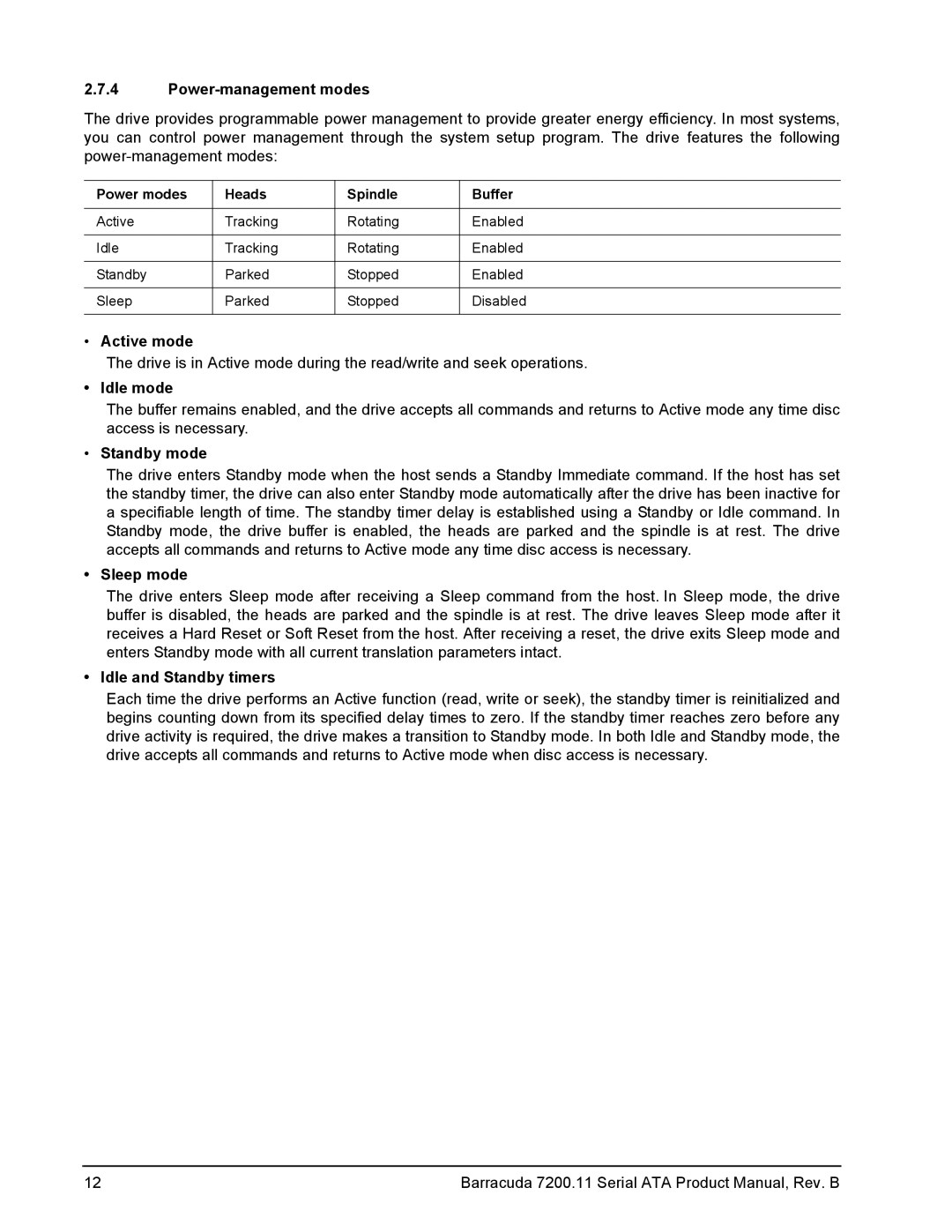 Seagate 7200.11 manual Power-management modes, Active mode, Idle mode, Sleep mode, Idle and Standby timers 