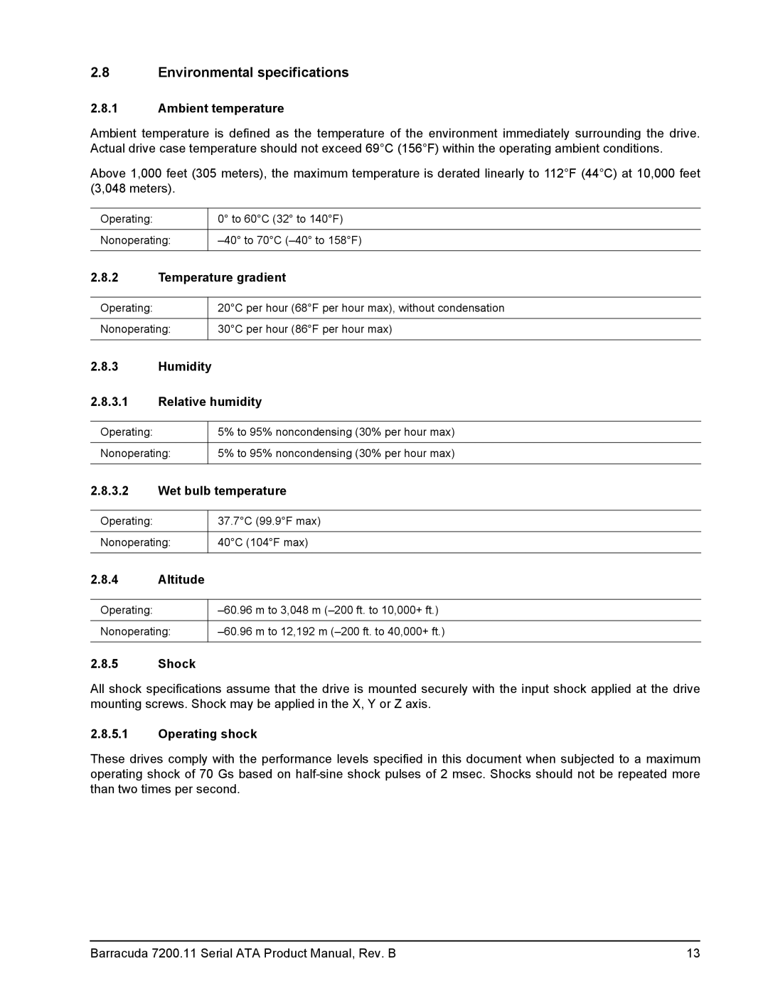 Seagate 7200.11 manual Environmental specifications 