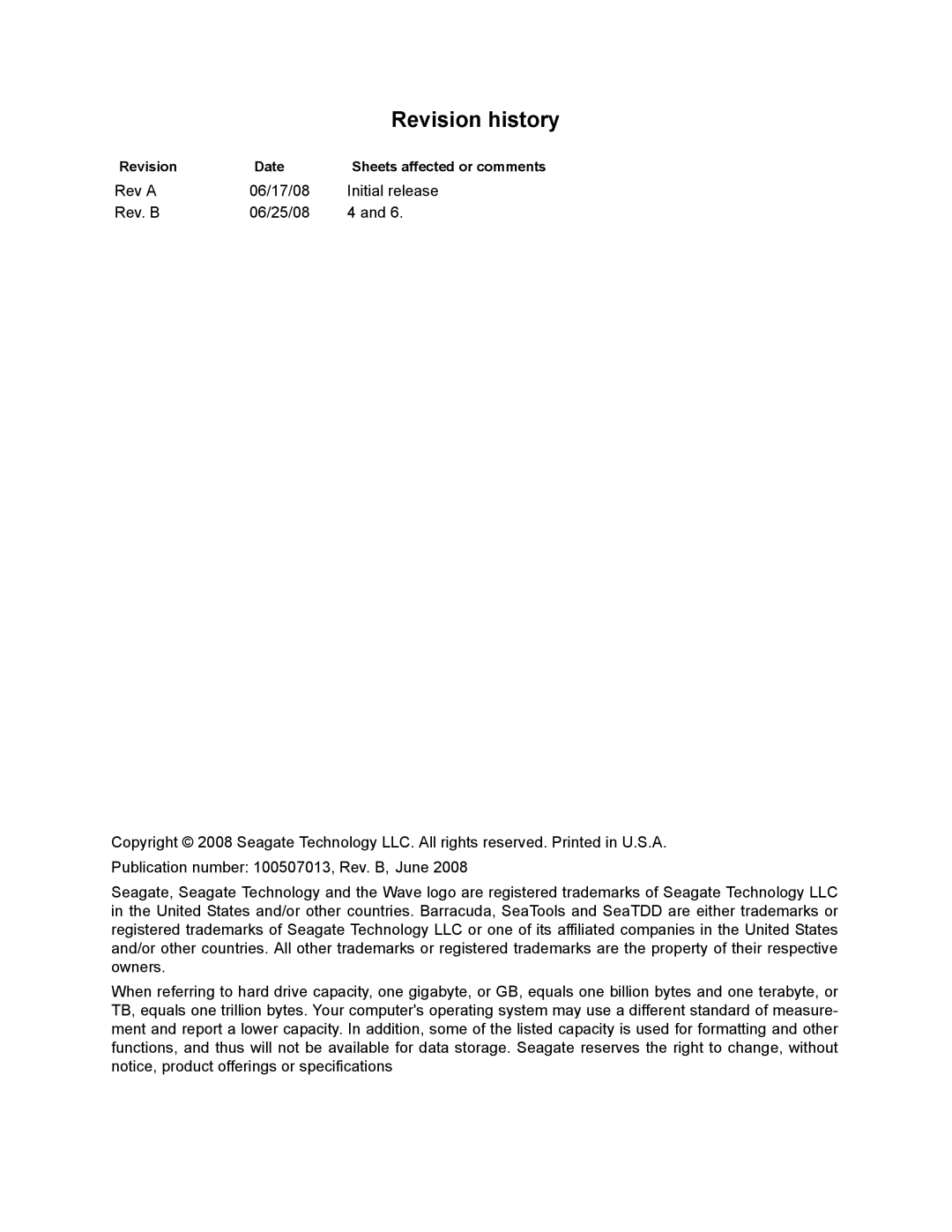 Seagate 7200.11 manual Revision history, Revision Date Sheets affected or comments 