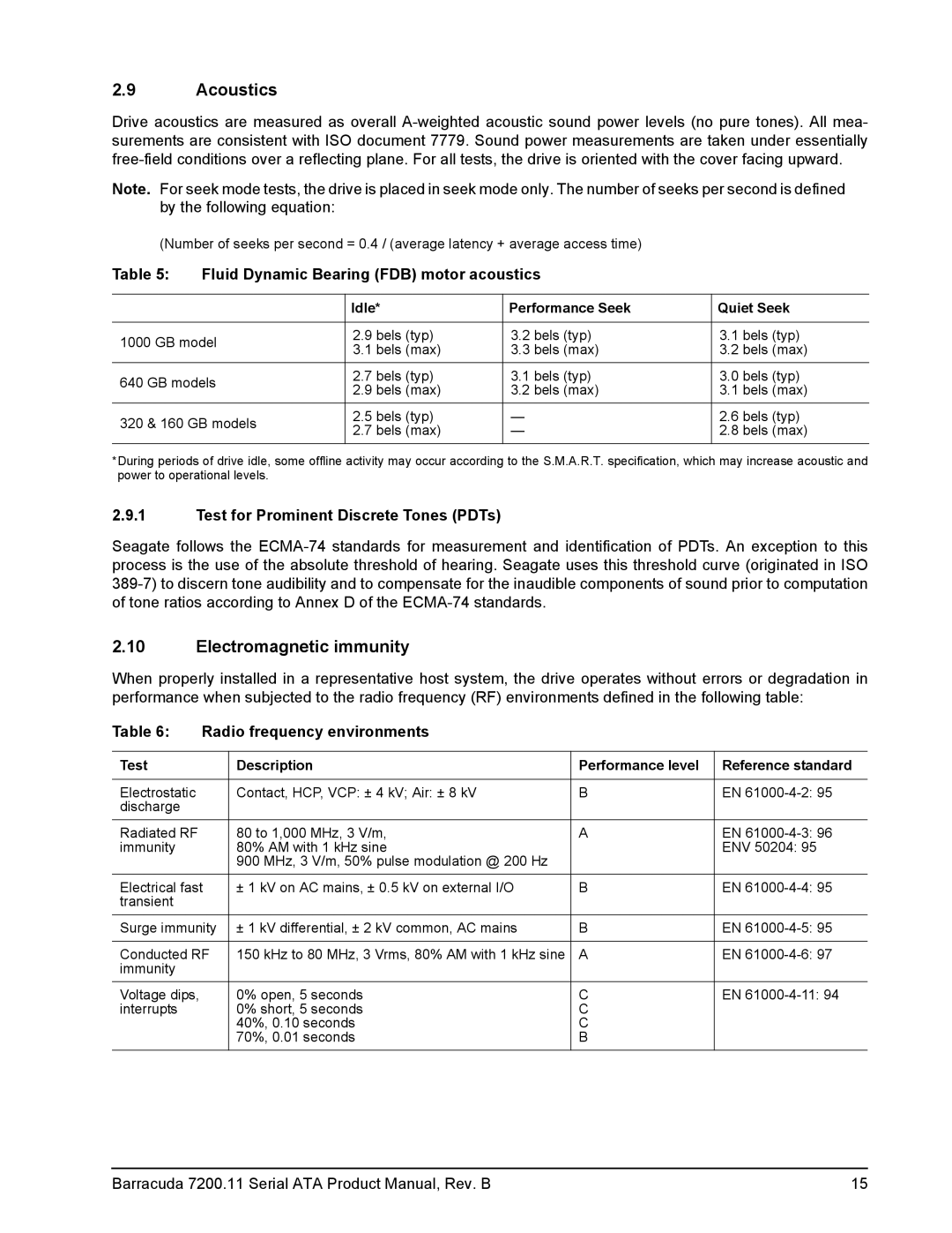 Seagate 7200.11 manual Acoustics, Electromagnetic immunity, Fluid Dynamic Bearing FDB motor acoustics 