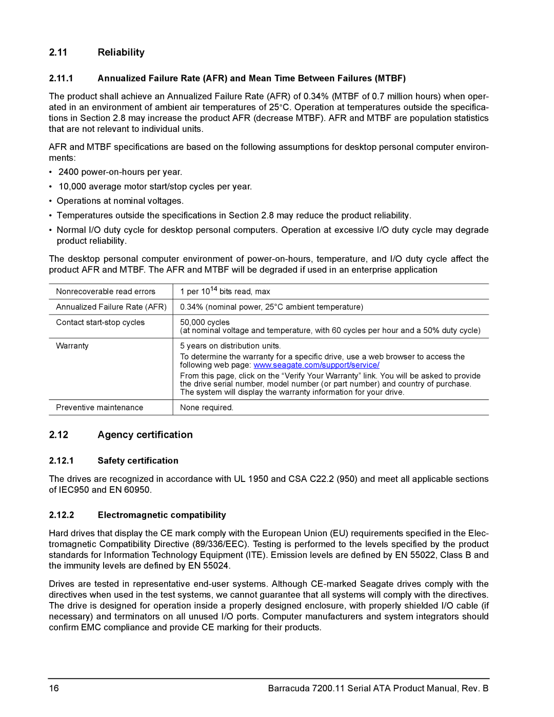 Seagate 7200.11 manual Reliability, Agency certification, Safety certification, Electromagnetic compatibility 