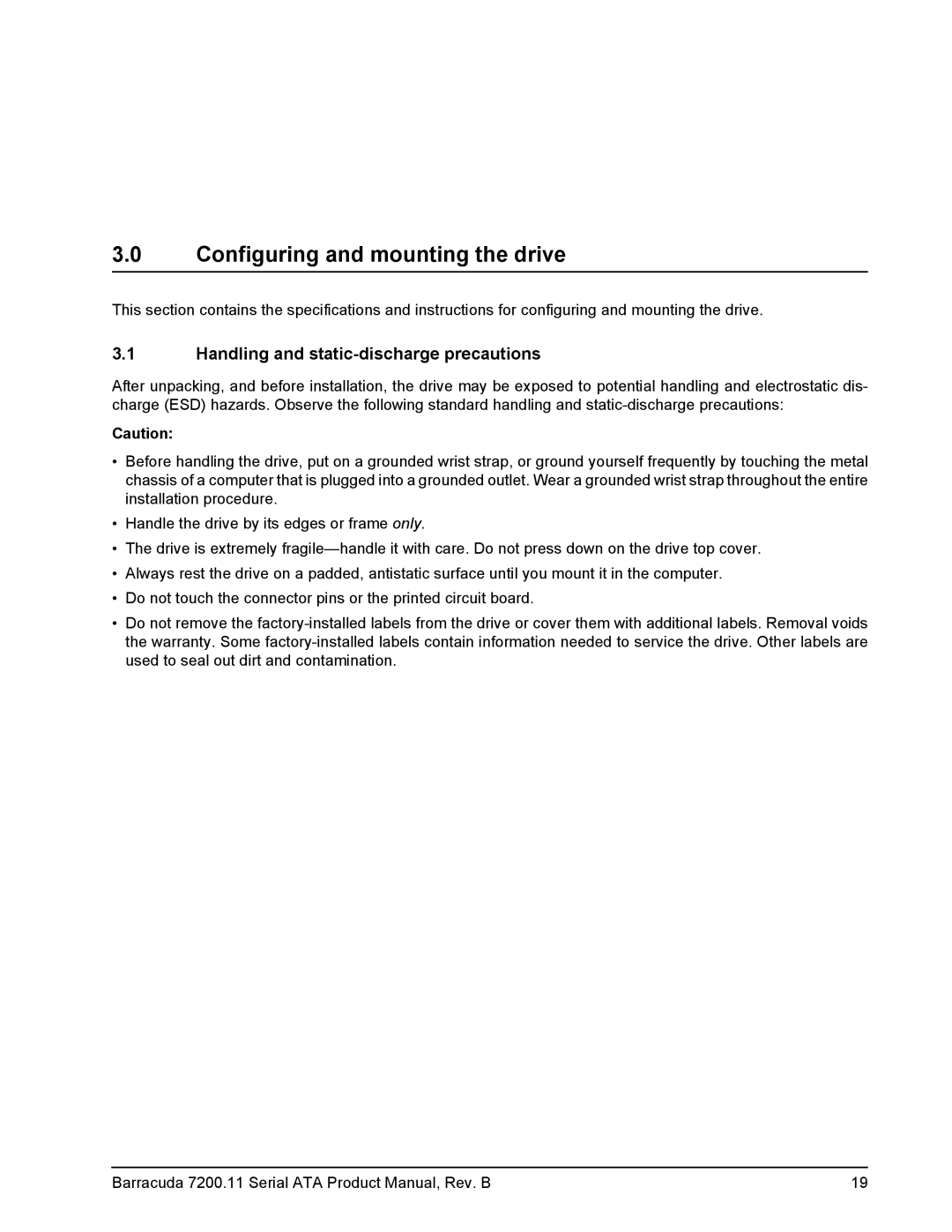 Seagate 7200.11 manual Configuring and mounting the drive, Handling and static-discharge precautions 