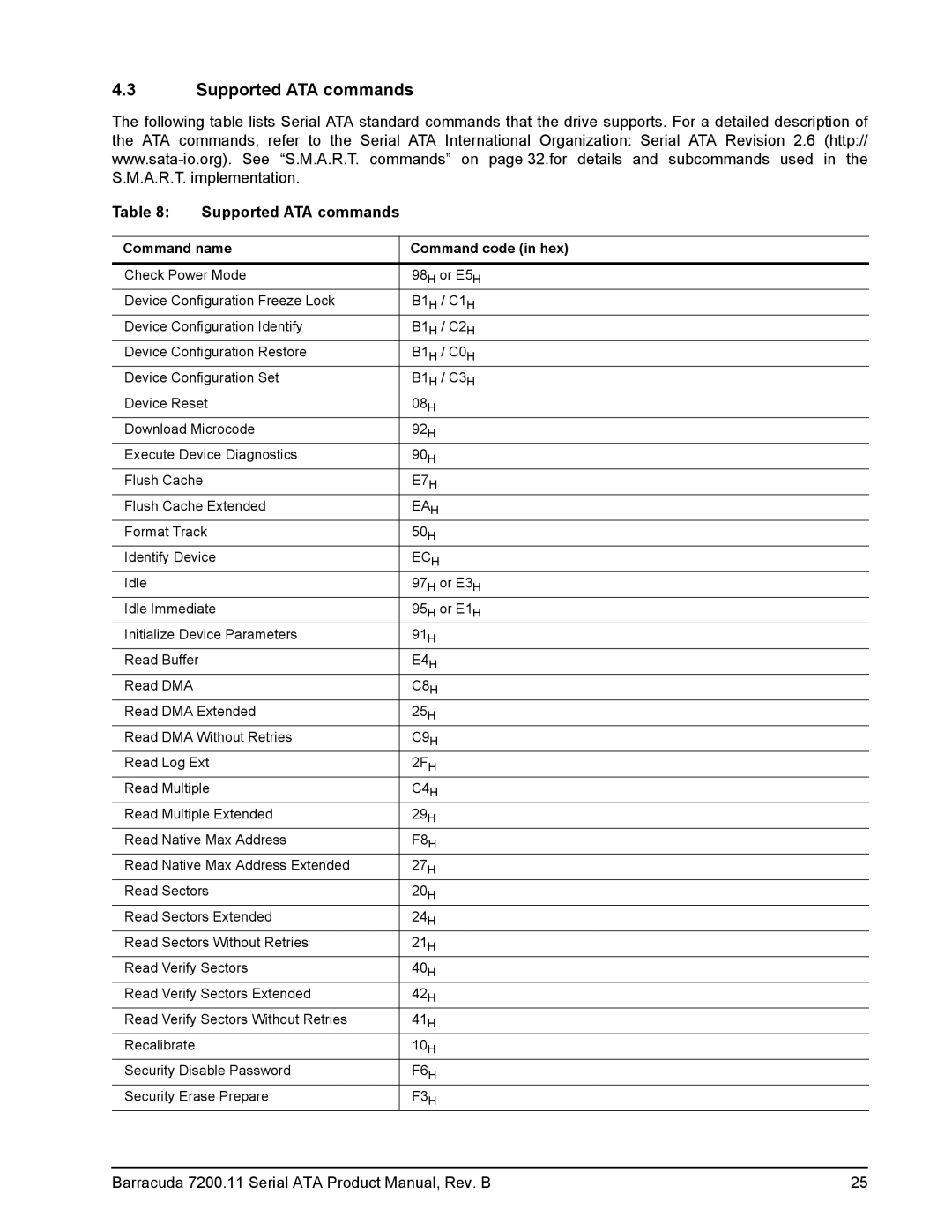 Seagate 7200.11 manual Supported ATA commands, Command name Command code in hex 