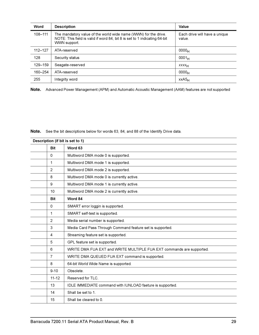 Seagate 7200.11 manual Description if bit is set to Bit Word 