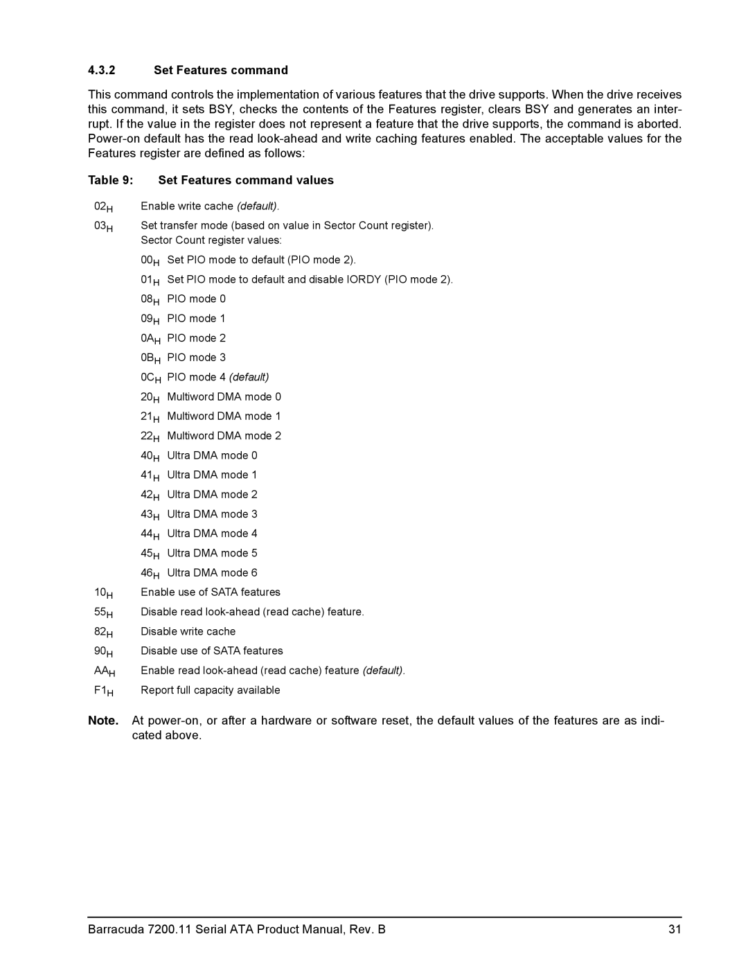 Seagate 7200.11 manual Set Features command values 