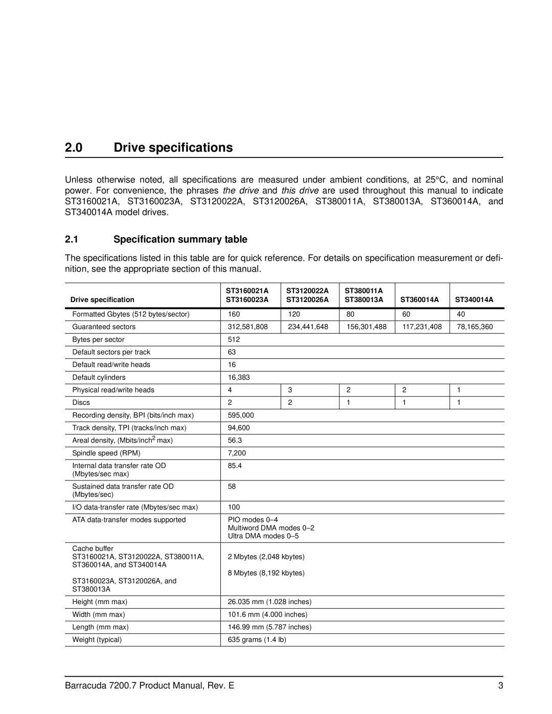 Seagate ST3160021A, 7200.7 Plus, ST3120022A, ST3120026A, ST3160023A manual Drive specifications, Specification summary table 