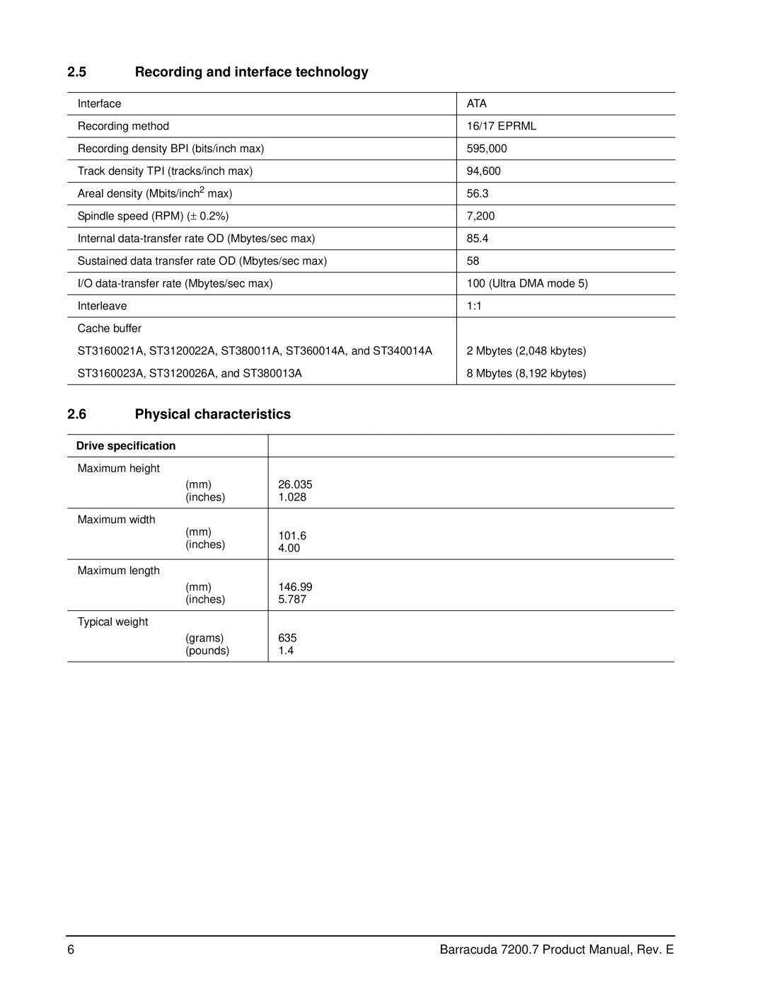 Seagate ST340014A, 7200.7 Plus, ST3120022A, ST3120026A manual Recording and interface technology, Physical characteristics 