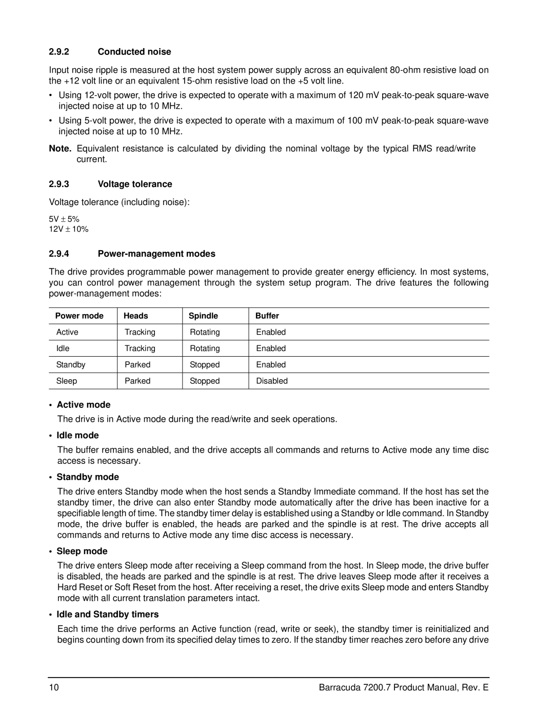 Seagate ST3120026A manual Conducted noise, Voltage tolerance, Power-management modes, Active mode, Idle mode, Sleep mode 