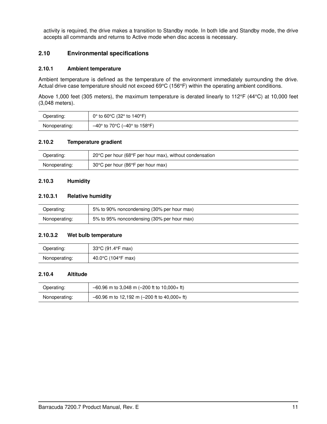 Seagate ST3160023A, 7200.7 Plus, ST3120022A, ST3120026A, ST3160021A, ST380011A, ST380013A manual Environmental specifications 