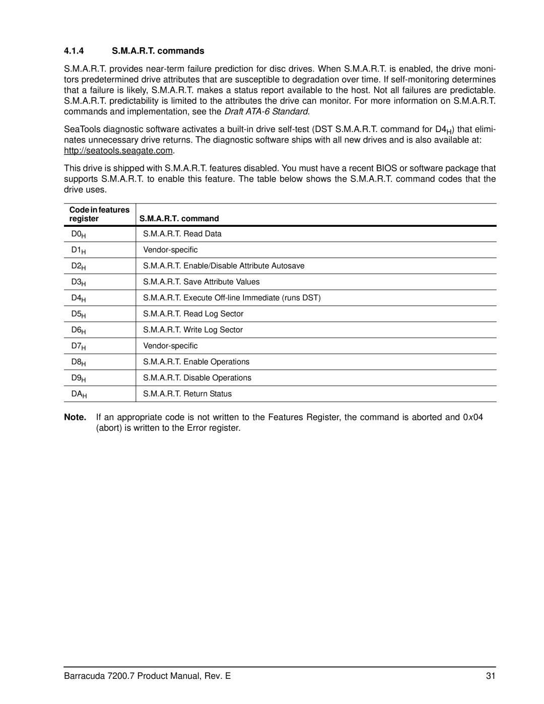 Seagate ST380011A, 7200.7 Plus, ST3120022A, ST3120026A manual 4 S.M.A.R.T. commands, Code in features A.R.T. command Register 