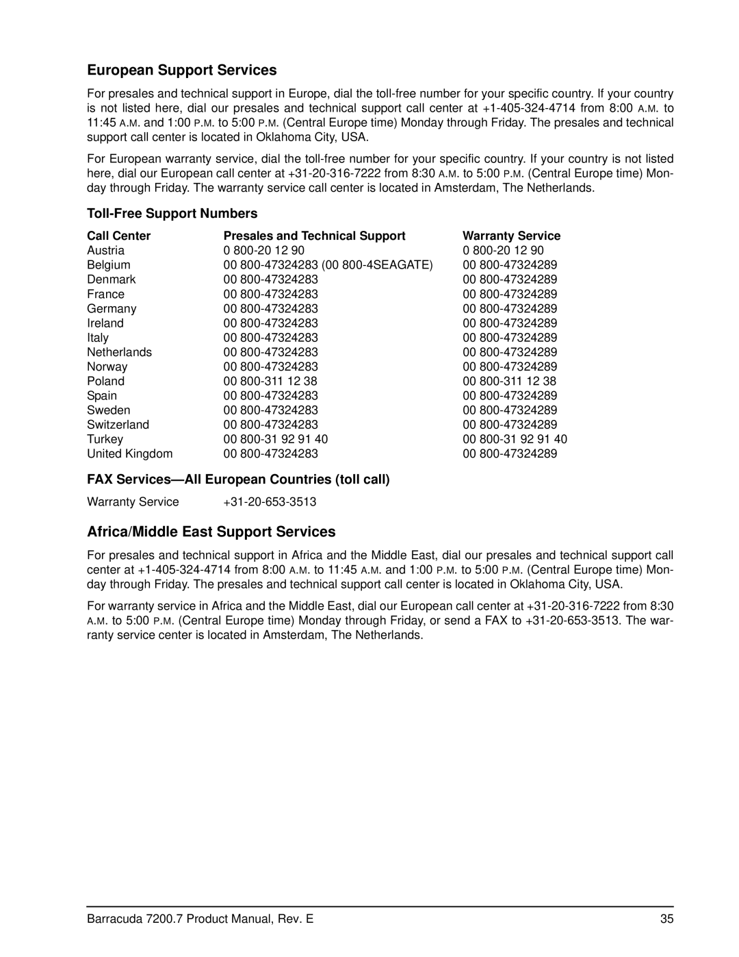 Seagate 7200.7 Plus, ST3120022A, ST3120026A manual Toll-Free Support Numbers, FAX Services-All European Countries toll call 