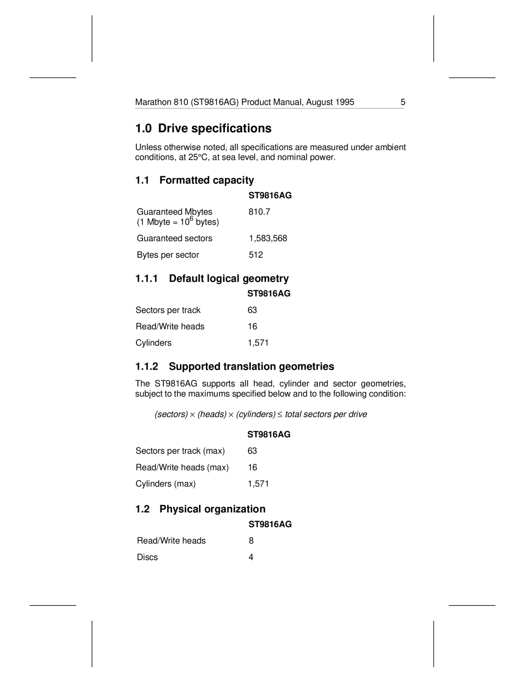 Seagate 810 manual Drive specifications, Formatted capacity, Default logical geometry, Supported translation geometries 