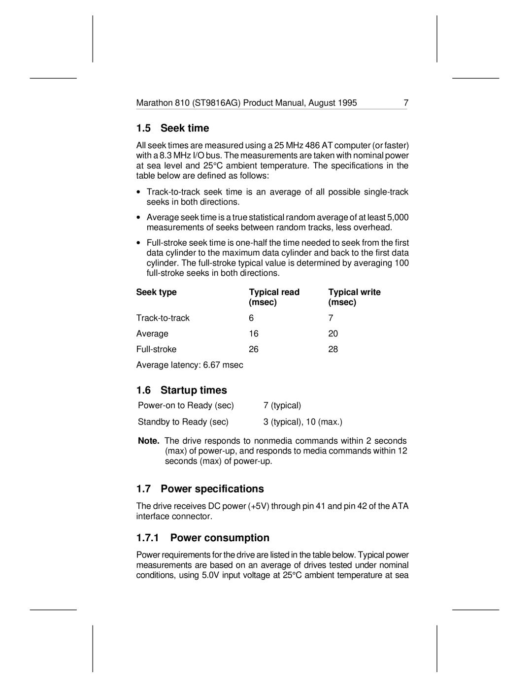 Seagate 810 manual Seek time, Startup times, Power specifications, Power consumption 