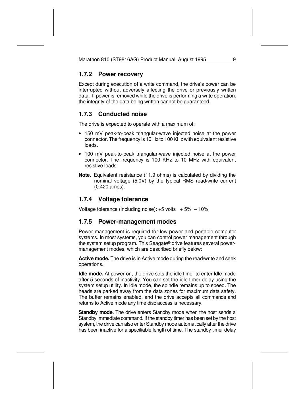 Seagate 810 manual Power recovery, Conducted noise, Voltage tolerance, Power-management modes 