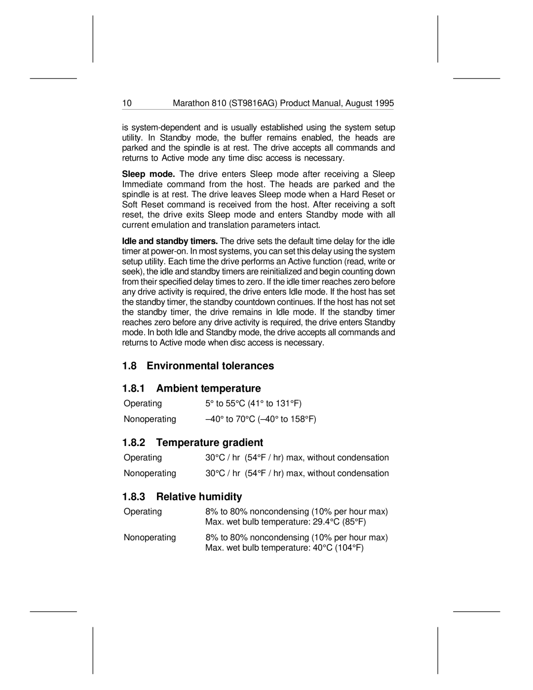 Seagate 810 manual Environmental tolerances Ambient temperature, Temperature gradient, Relative humidity 